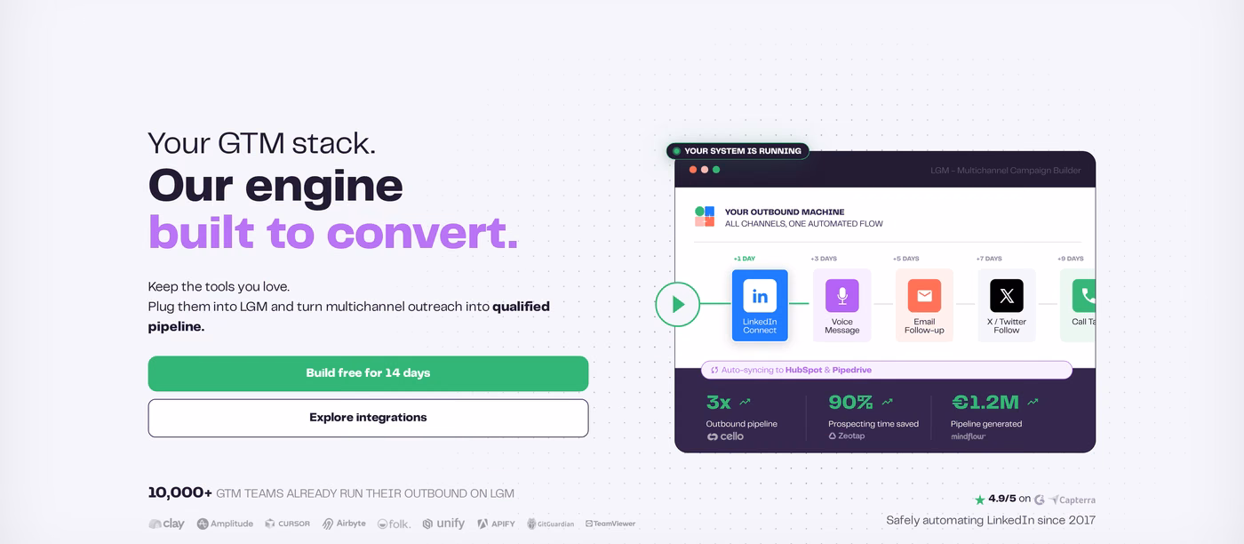 La Growth Machine homepage hero showing its multichannel campaign builder across LinkedIn, voice message, email, X and calls