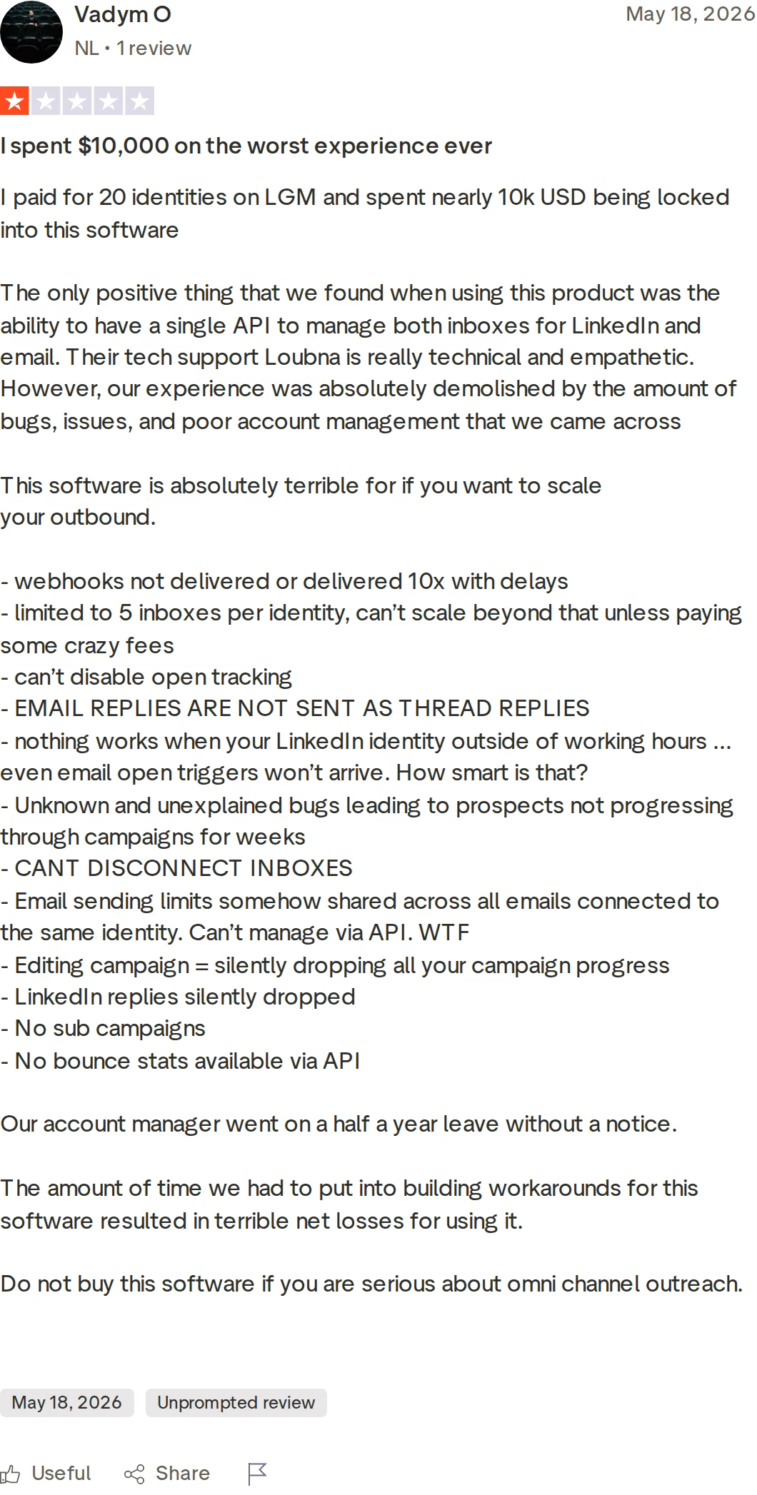 One-star Trustpilot review of La Growth Machine by Vadym O dated May 18 2026, describing 20 identities and nearly 10,000 US dollars spent