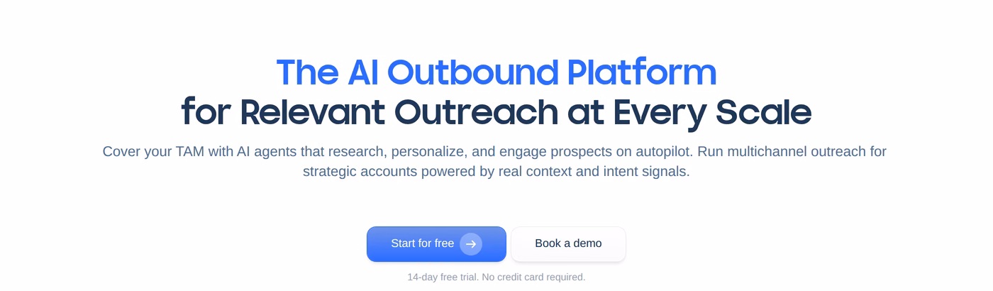 Lemlist homepage hero describing an AI outbound platform for relevant outreach at every scale with a 14-day free trial