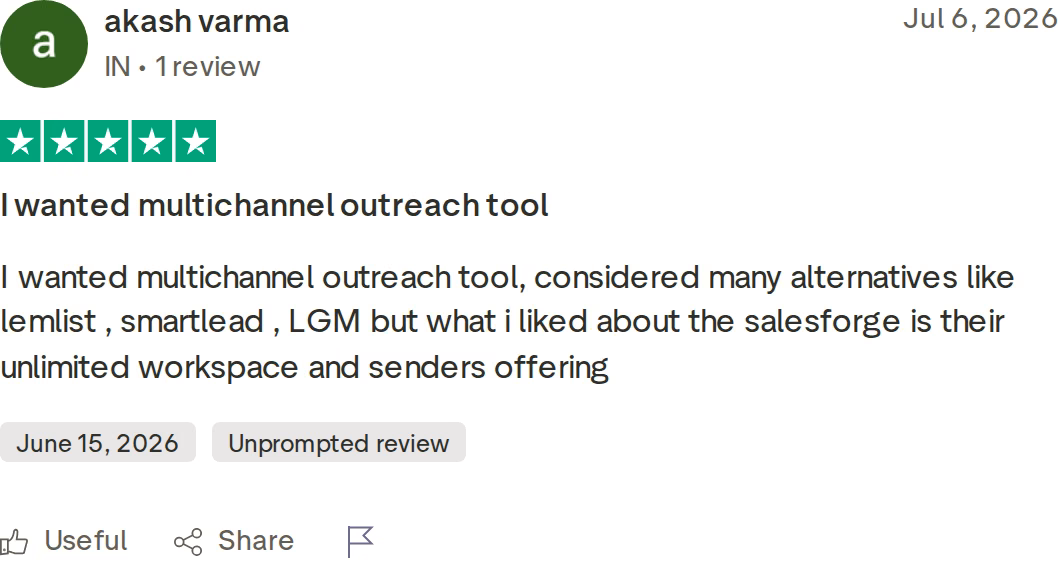 Verified five-star Trustpilot review of Salesforge by akash varma dated July 6 2026, naming lemlist, Smartlead and LGM as alternatives considered