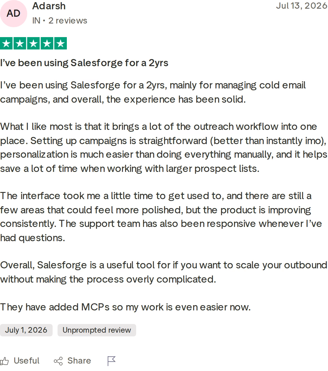 Verified five-star Trustpilot review of Salesforge by Adarsh dated July 13 2026 describing two years of use for cold email campaigns