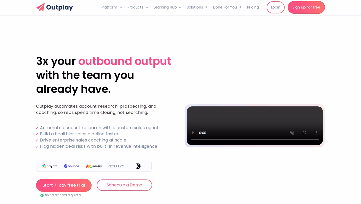 Outplay homepage showing its 3x your outbound output headline and sales engagement platform positioning