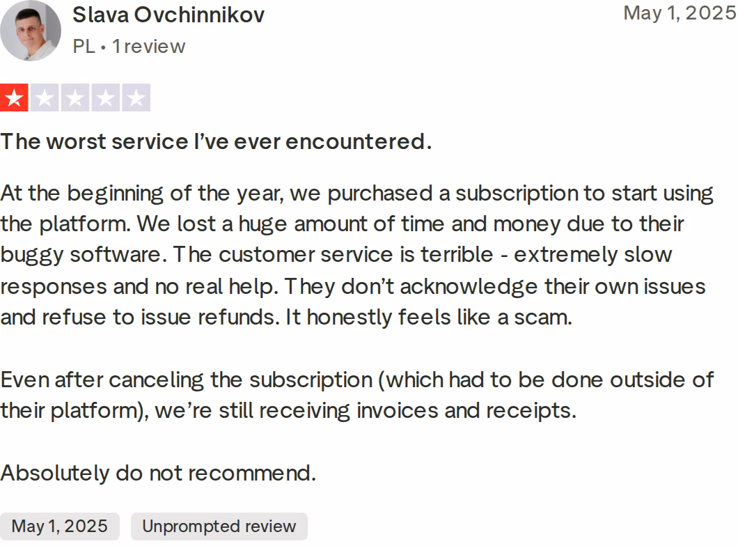 One-star Trustpilot review of Outplay by Slava Ovchinnikov dated May 1, 2025, citing buggy software, slow customer service, and invoices continuing after cancellation
