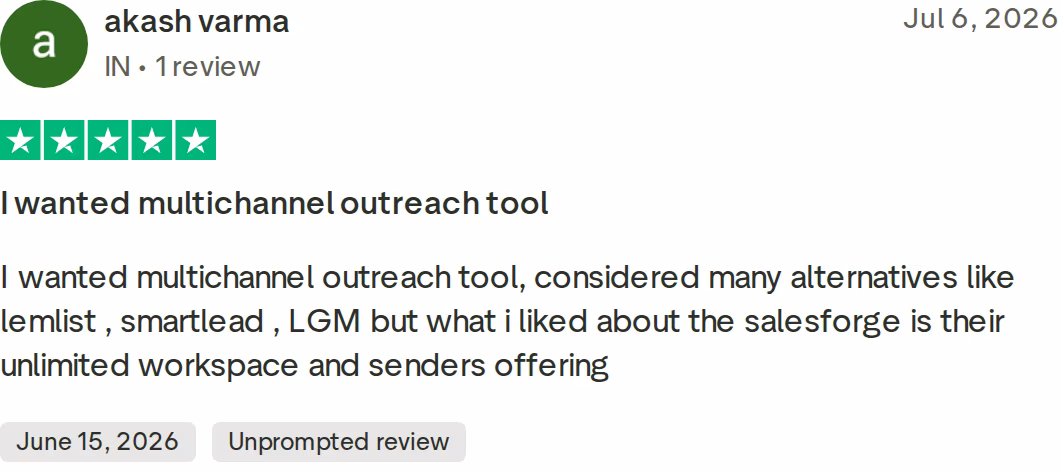 Five-star Trustpilot review of Salesforge by akash varma, July 6 2026, praising unlimited workspaces and senders