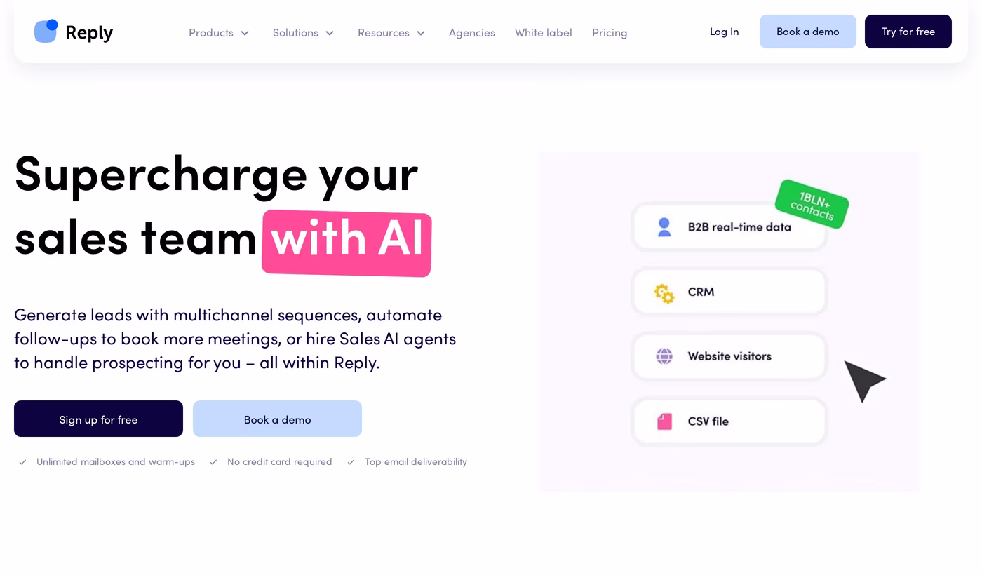 Reply.io homepage with its Supercharge your sales team with AI headline and multichannel sequence positioning