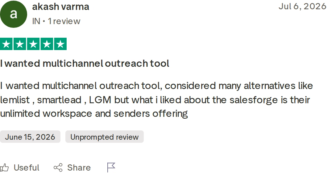 Five-star Trustpilot review of Salesforge by akash varma dated July 6 2026 comparing it with lemlist and Smartlead