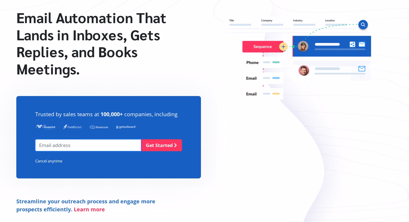 Mailshake homepage hero showing email automation sequences with phone and email steps