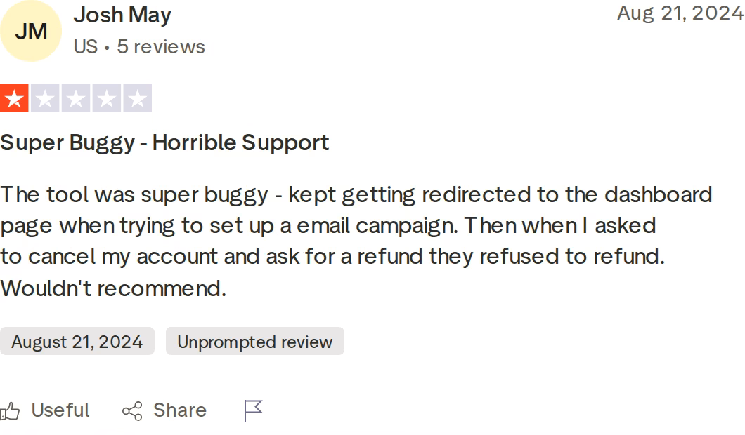 One-star Trustpilot review of Mailshake by Josh May citing a buggy campaign setup and a refused refund