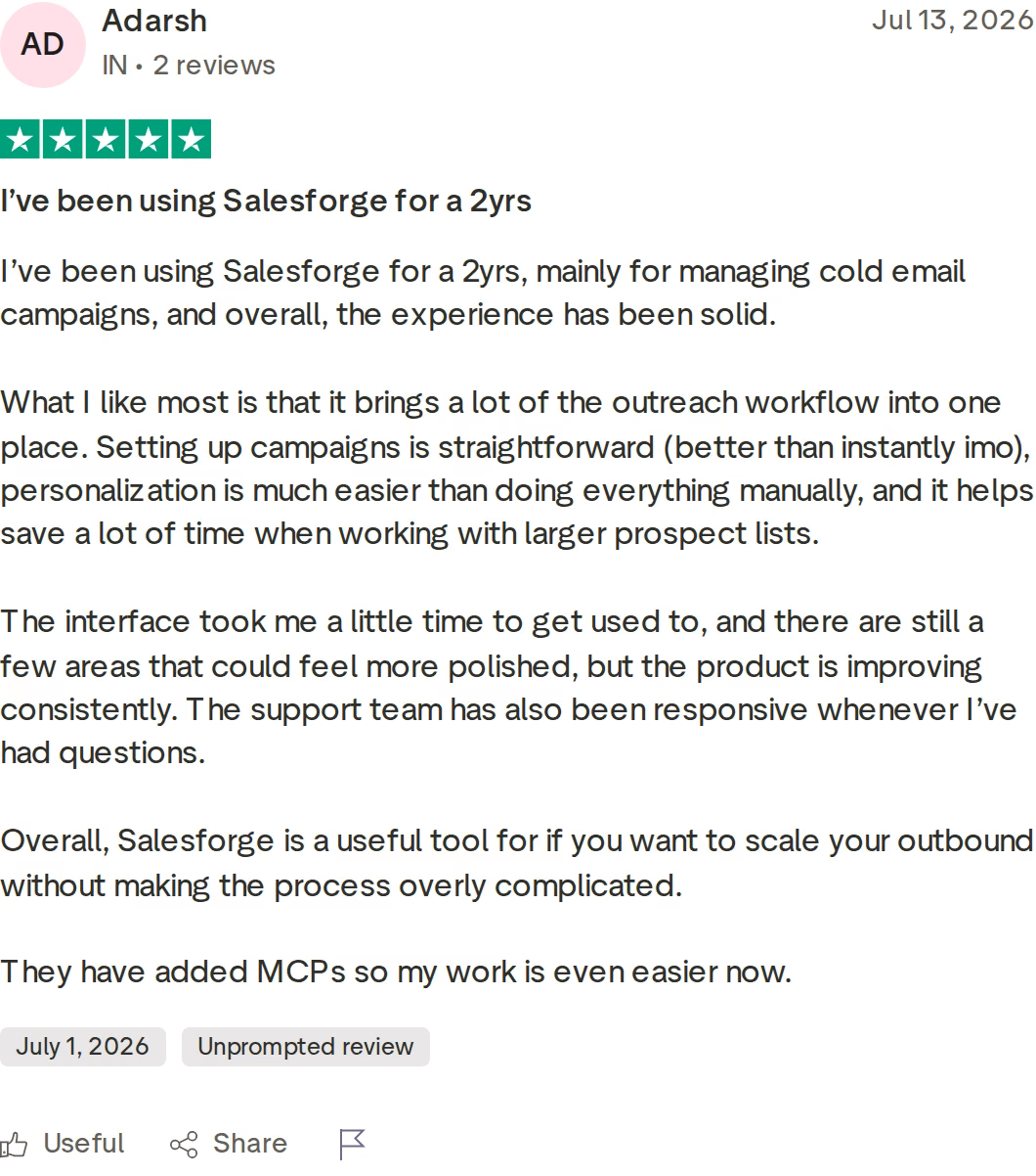 Five-star Trustpilot review of Salesforge by Adarsh dated July 13 2026 describing two years of cold email campaigns