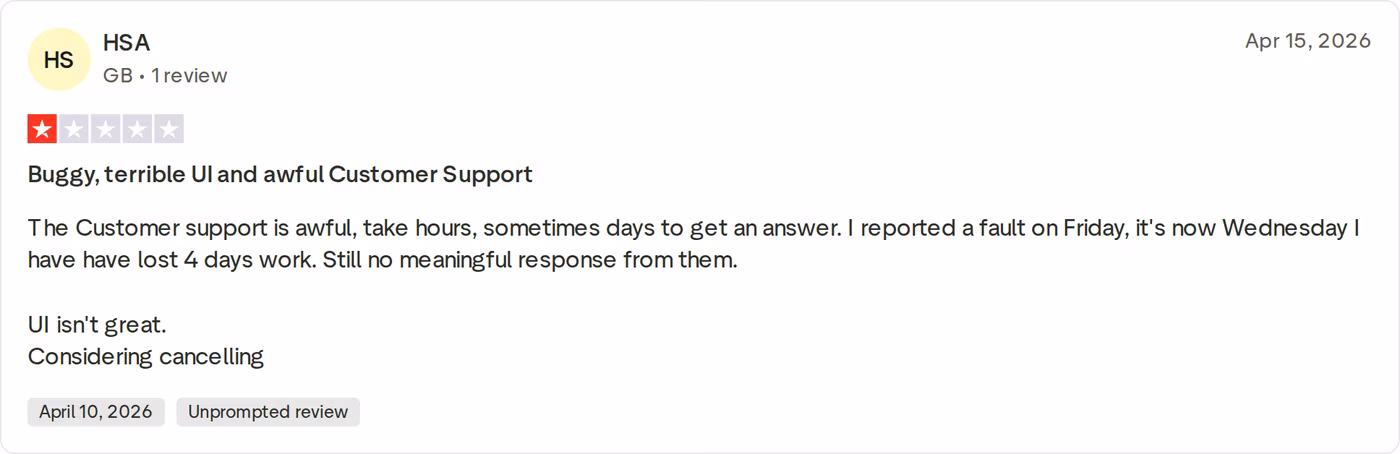 One-star Trustpilot review of Lemlist from reviewer HSA dated April 15 2026 describing slow support responses and lost work