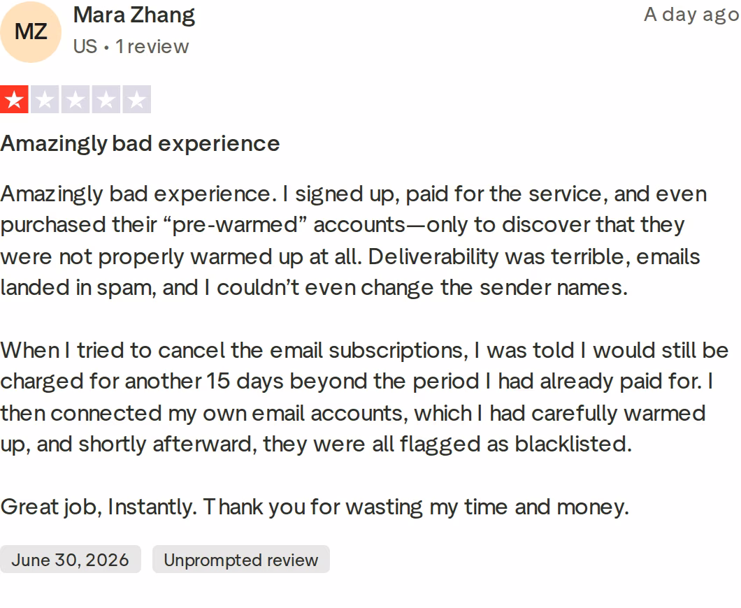 One-star Trustpilot review of Instantly by Mara Zhang describing pre-warmed accounts that were not warmed up and emails landing in spam