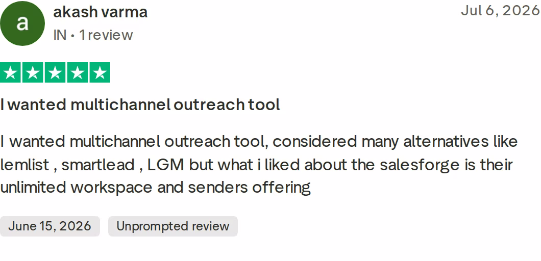 Five-star Trustpilot review of Salesforge by akash varma, July 2026, praising unlimited workspaces and senders after comparing lemlist, Smartlead and LGM