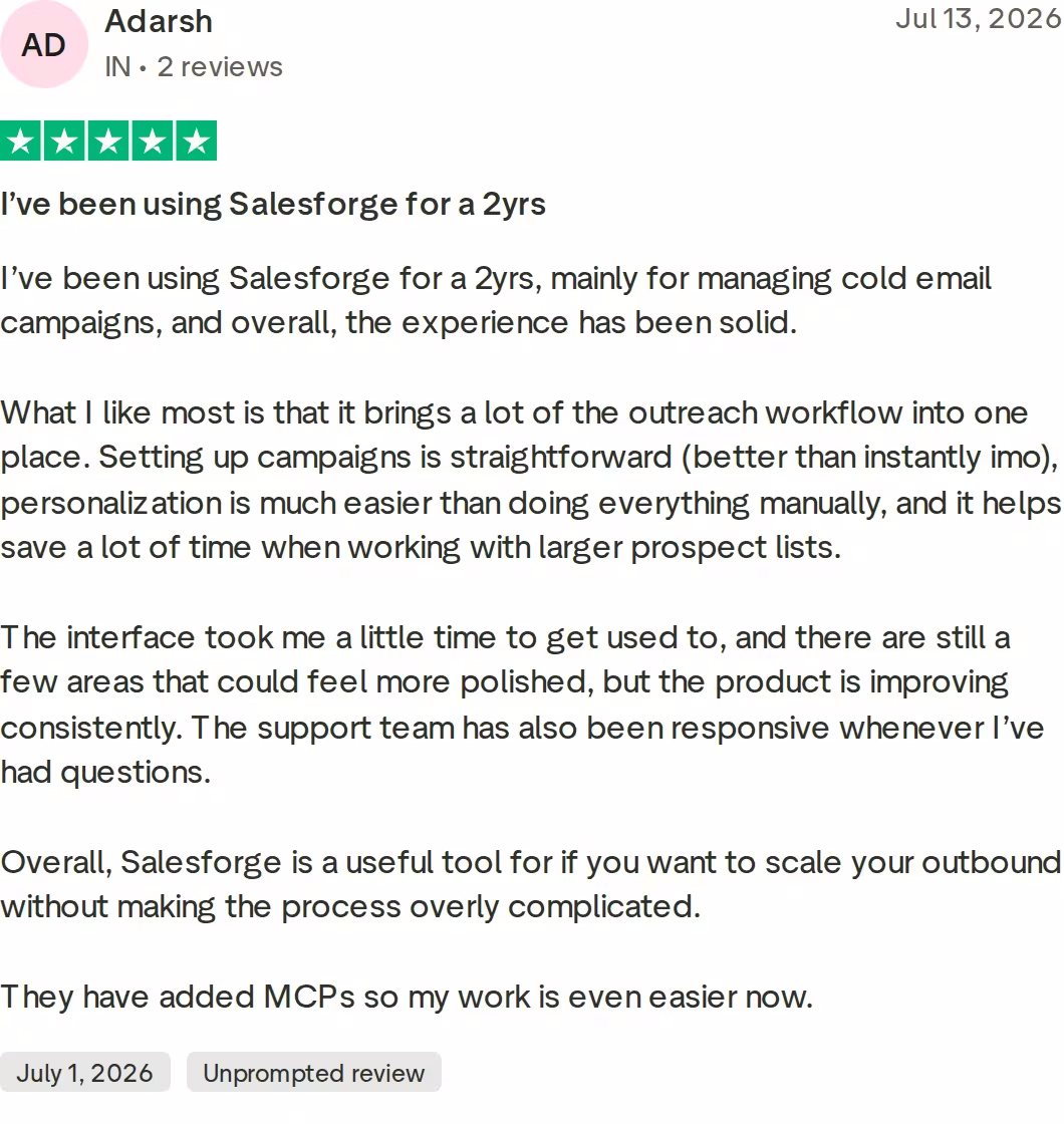 Verified five-star Trustpilot review of Salesforge by Adarsh dated July 2026 praising one-place outreach workflow and MCP support