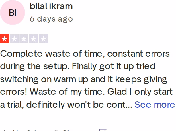 One-star Trustpilot review of Woodpecker by bilal ikram reporting constant setup errors and repeated warm-up failures