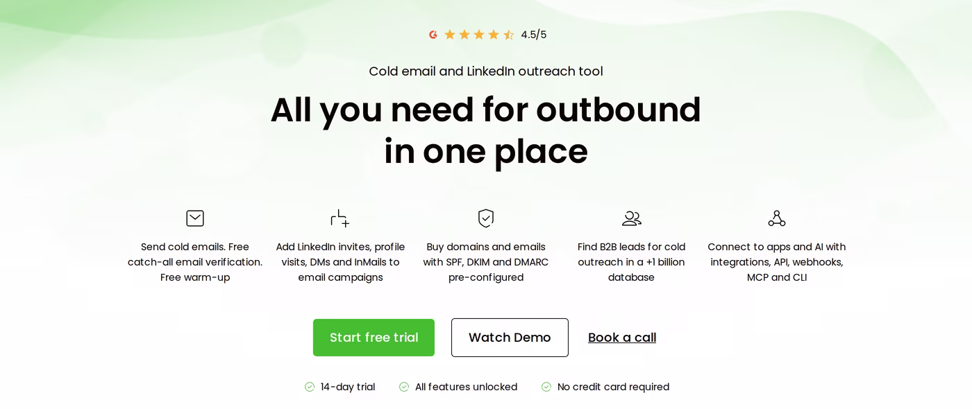 Woodpecker homepage hero describing it as a cold email and LinkedIn outreach tool with a 4.5 out of 5 G2 rating
