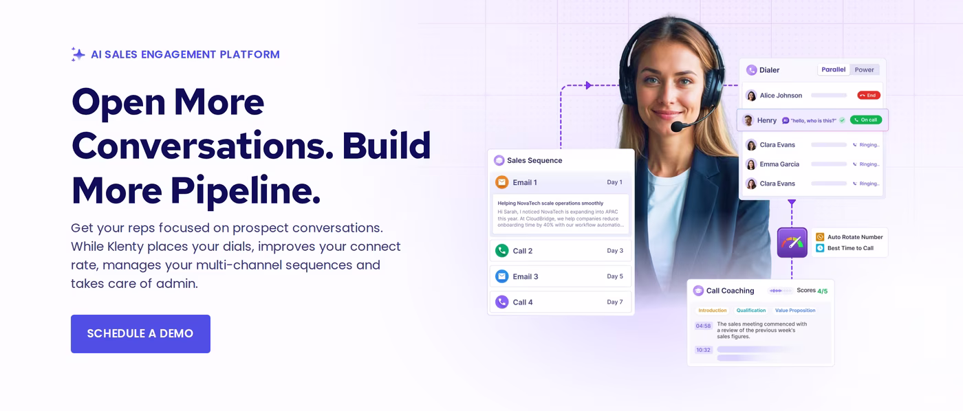 Klenty homepage hero showing its AI sales engagement platform with dialer and cadence interface