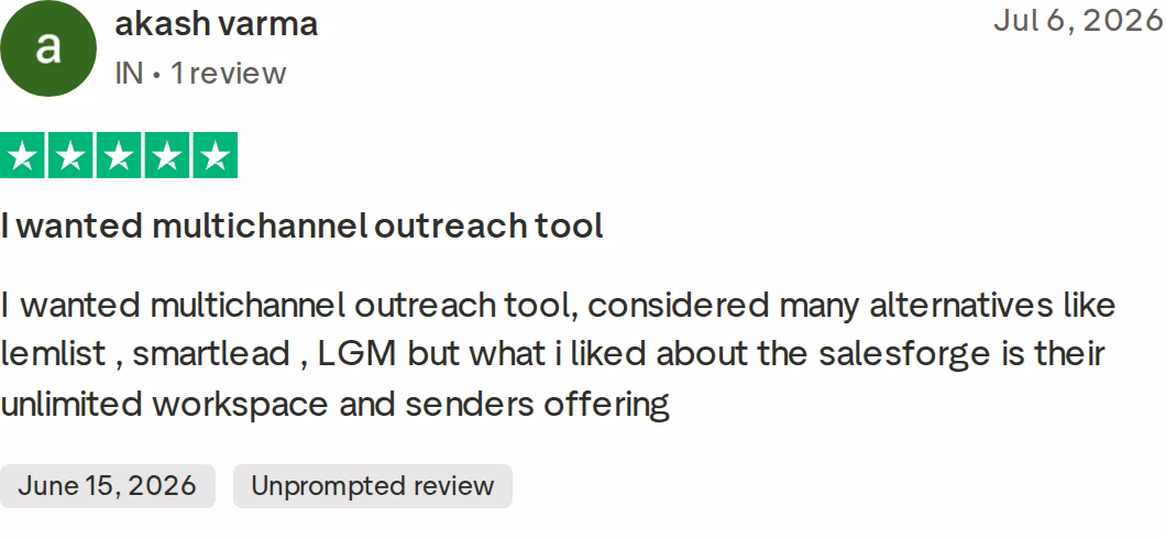 Verified five-star Trustpilot review of Salesforge by akash varma choosing it over lemlist and smartlead for unlimited workspaces and senders