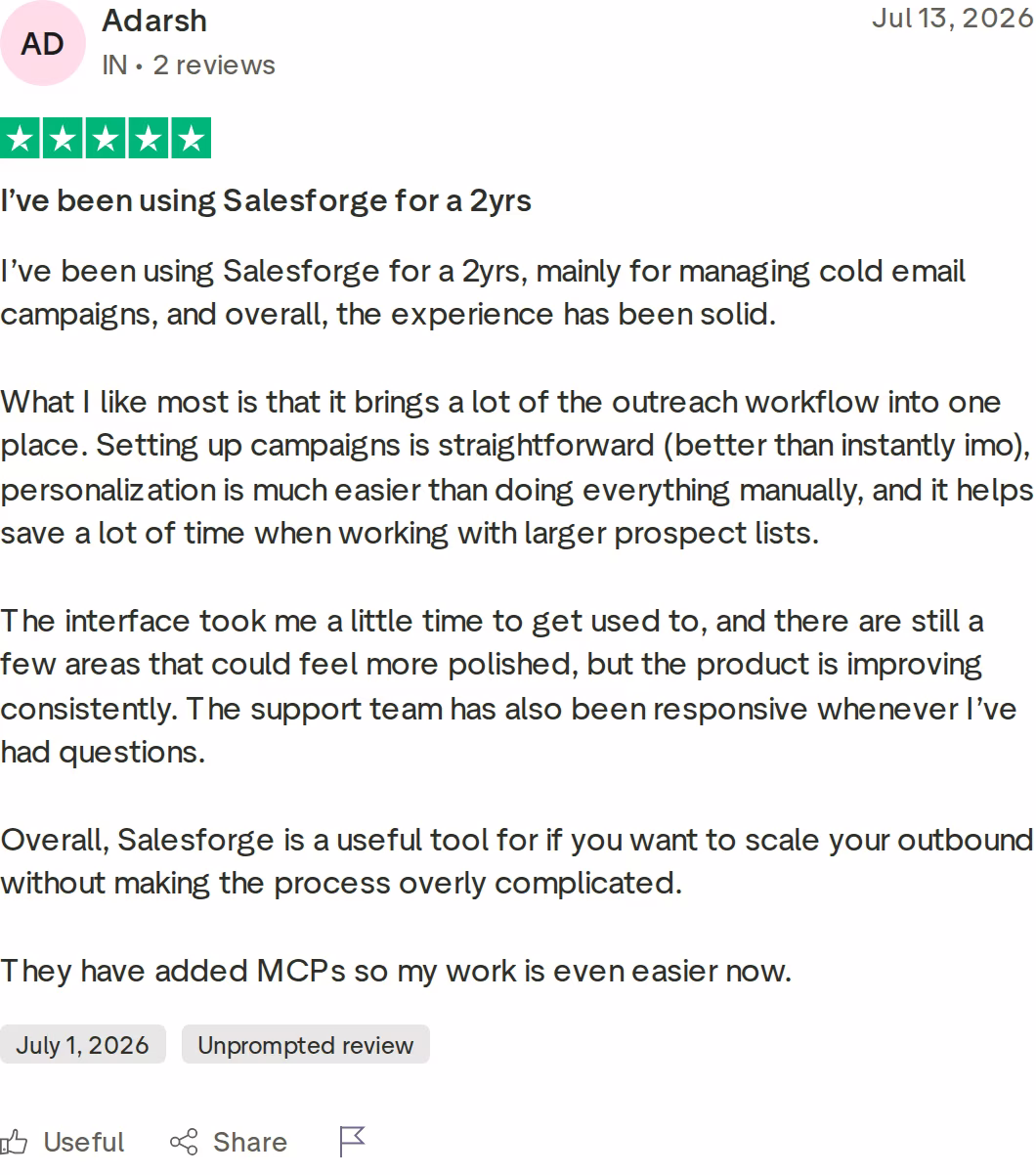 Five-star Trustpilot review of Salesforge from July 2026 by Adarsh, a two-year user managing cold email campaigns