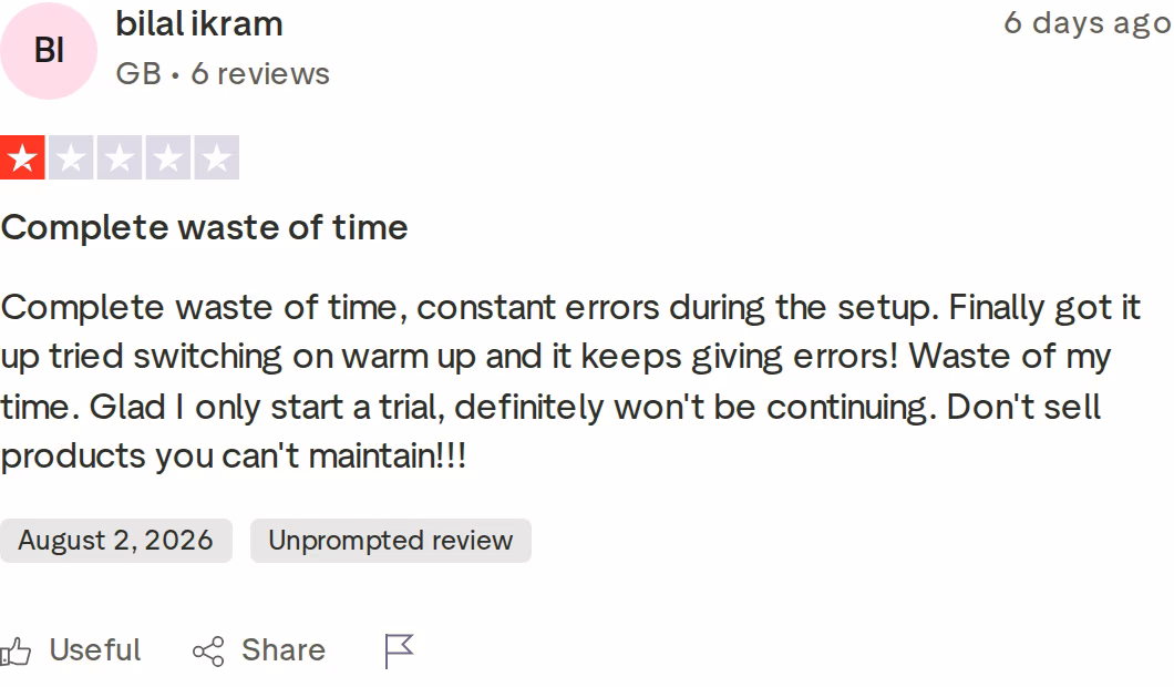 One-star Trustpilot review of Woodpecker from August 2026 by bilal ikram reporting repeated errors when enabling warm-up during trial setup