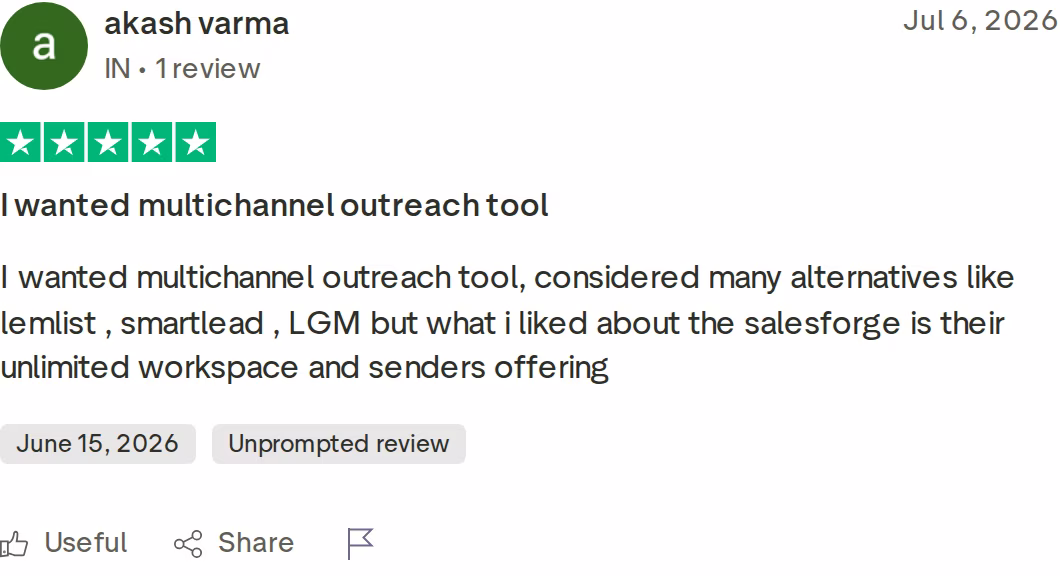 Five-star Trustpilot review of Salesforge from July 2026 by akash varma, who chose it over other tools for multichannel outreach and unlimited senders