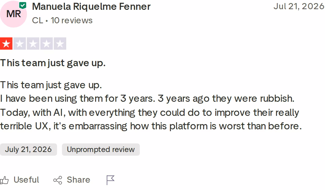 One-star Trustpilot review of Outreach from July 2026 by Manuela Riquelme Fenner, a three-year customer citing worsening user experience