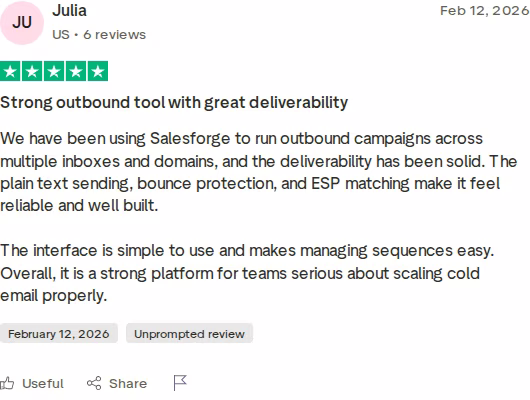 Five-star Trustpilot review of Salesforge by Julia dated February 12 2026 praising deliverability, plain text sending, bounce protection and ESP matching