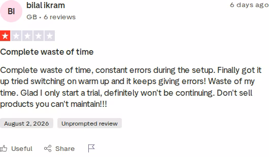 One-star Trustpilot review of Woodpecker by bilal ikram dated August 2 2026 describing constant setup errors and warm-up failing with errors