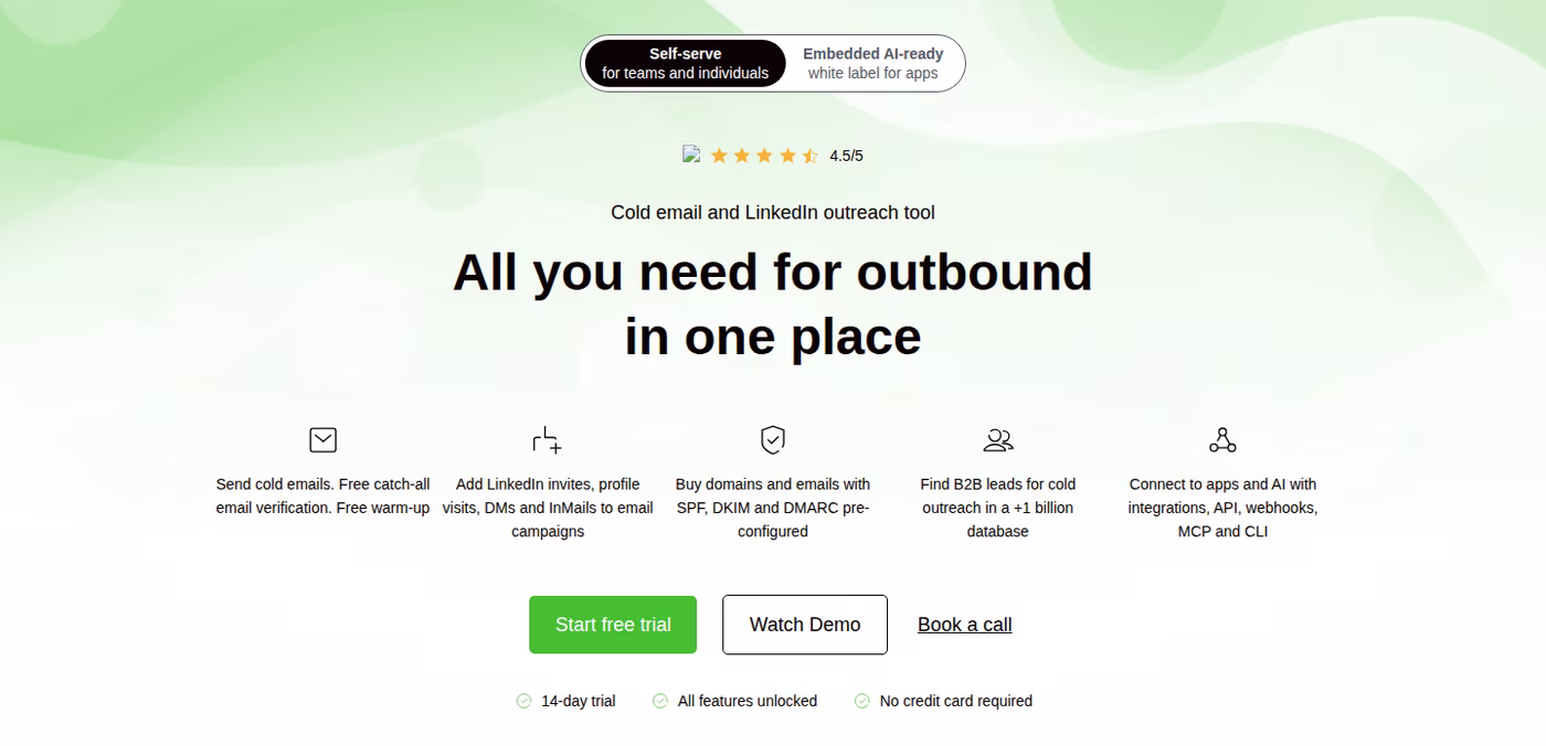 Woodpecker homepage describing itself as a cold email and LinkedIn outreach tool with free catch-all verification and free warm-up
