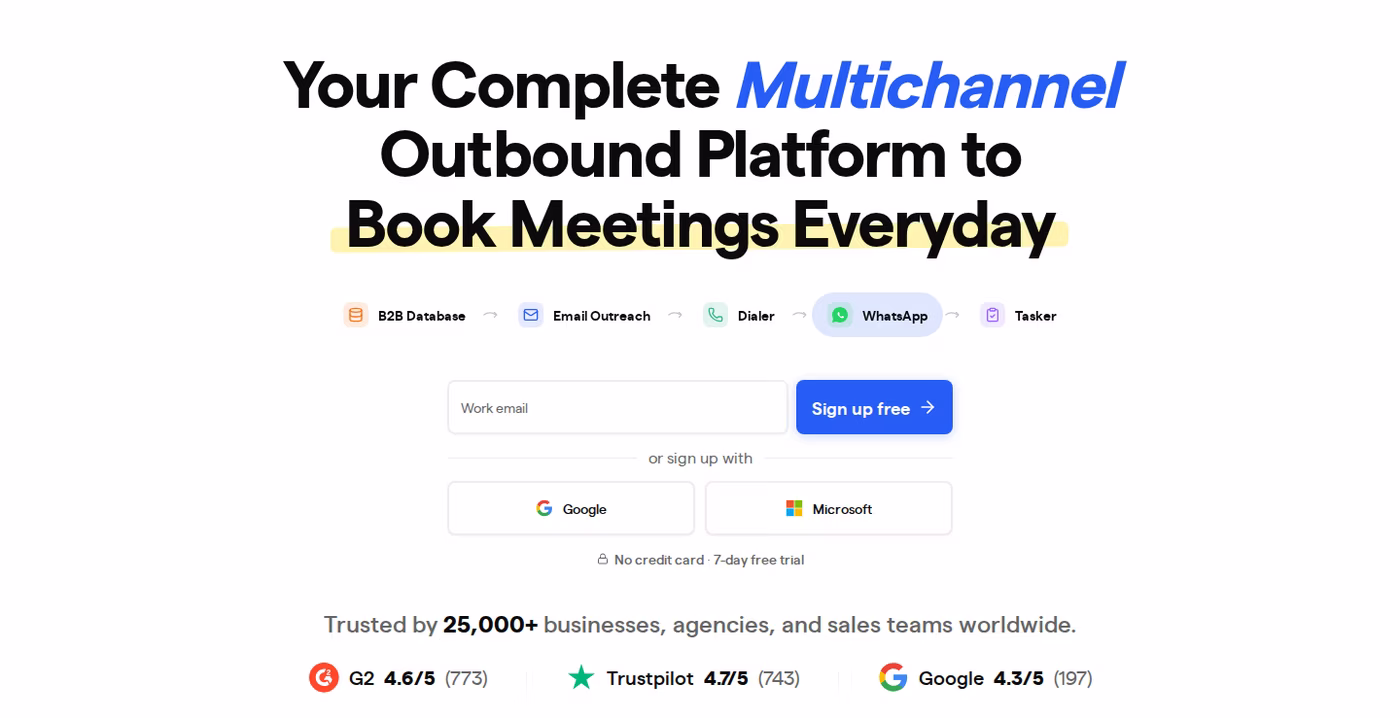 Saleshandy homepage showing its multichannel outbound platform positioning with B2B Database, Email Outreach, Dialer, WhatsApp and Tasker