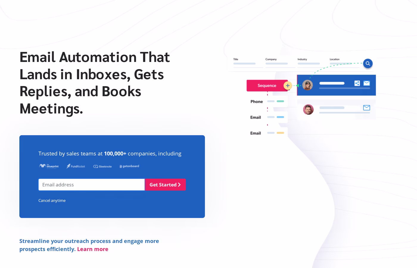 Mailshake homepage describing email automation that lands in inboxes and books meetings