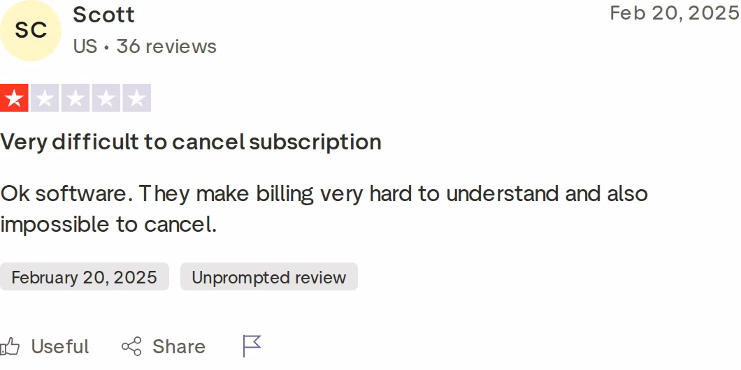 One-star Trustpilot review of Mixmax from Scott dated February 20 2025 describing billing that is hard to understand and difficult cancellation