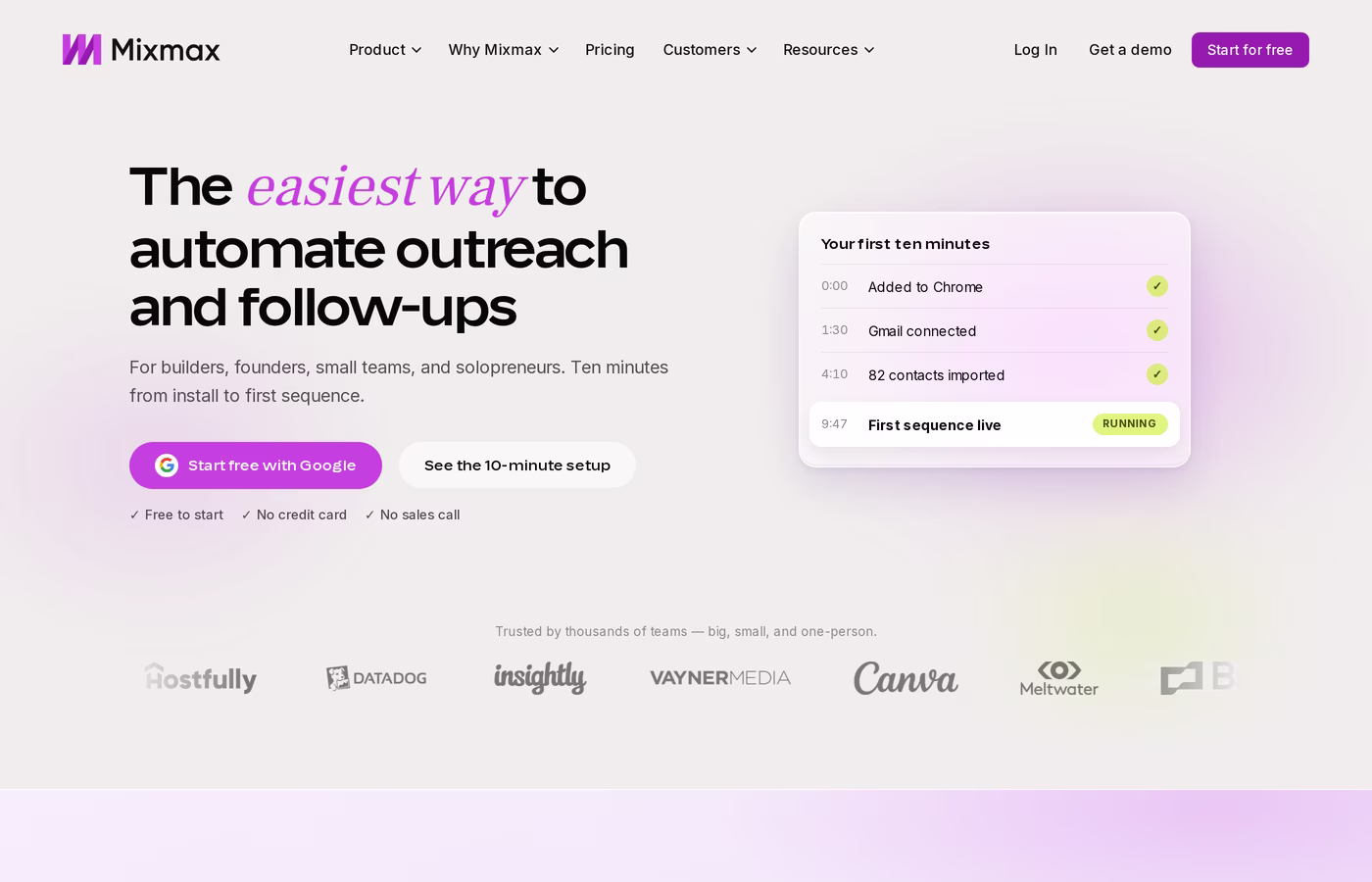 Mixmax homepage showing its Gmail-native outreach and follow-up automation