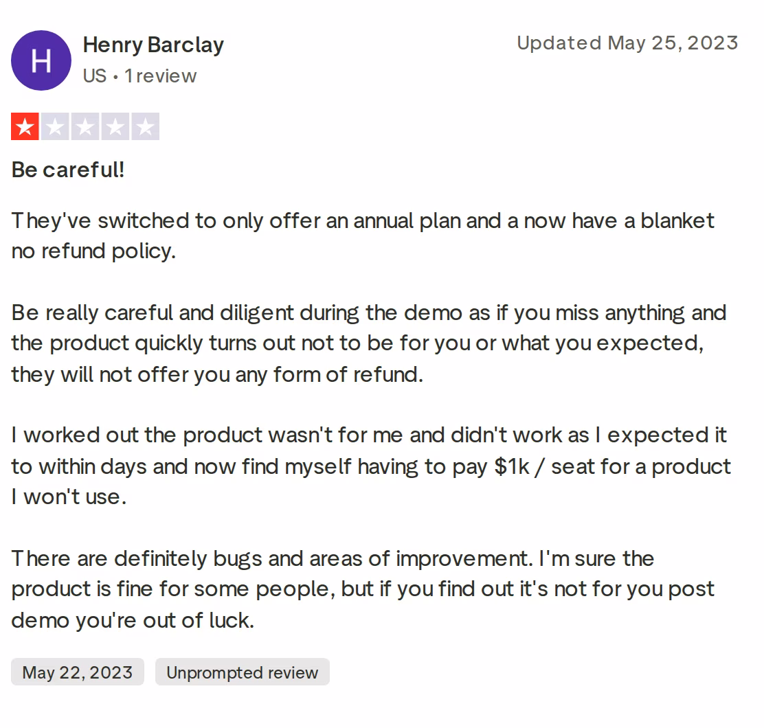 One-star Trustpilot review of Mailshake from Henry Barclay describing an annual-only plan, a no-refund policy and bugs