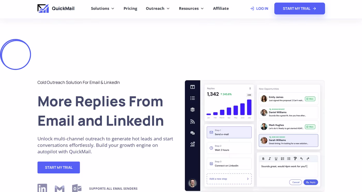 QuickMail homepage promoting more replies from email and LinkedIn outreach