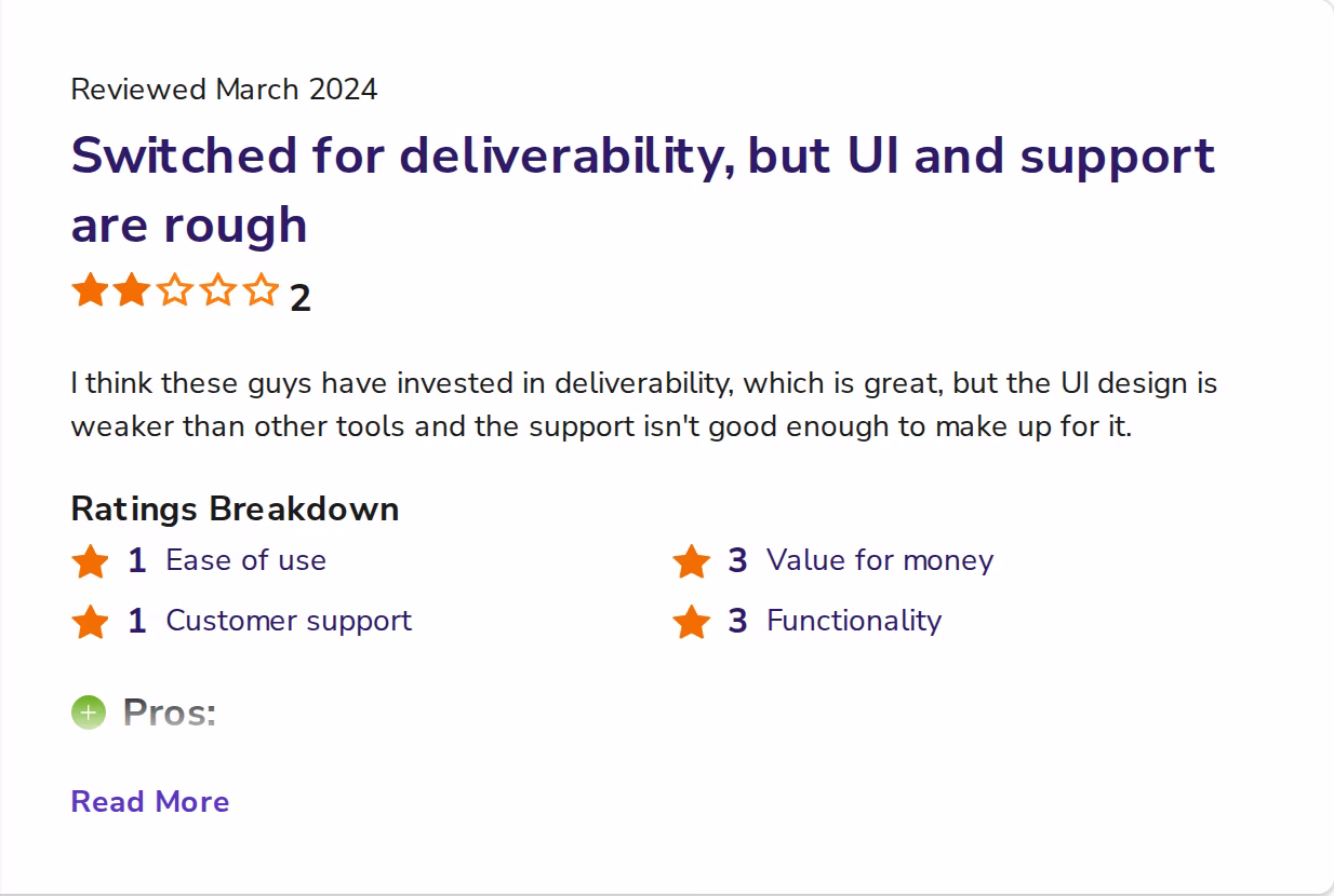 Two-star Software Advice review of QuickMail rating ease of use and customer support 1 out of 5