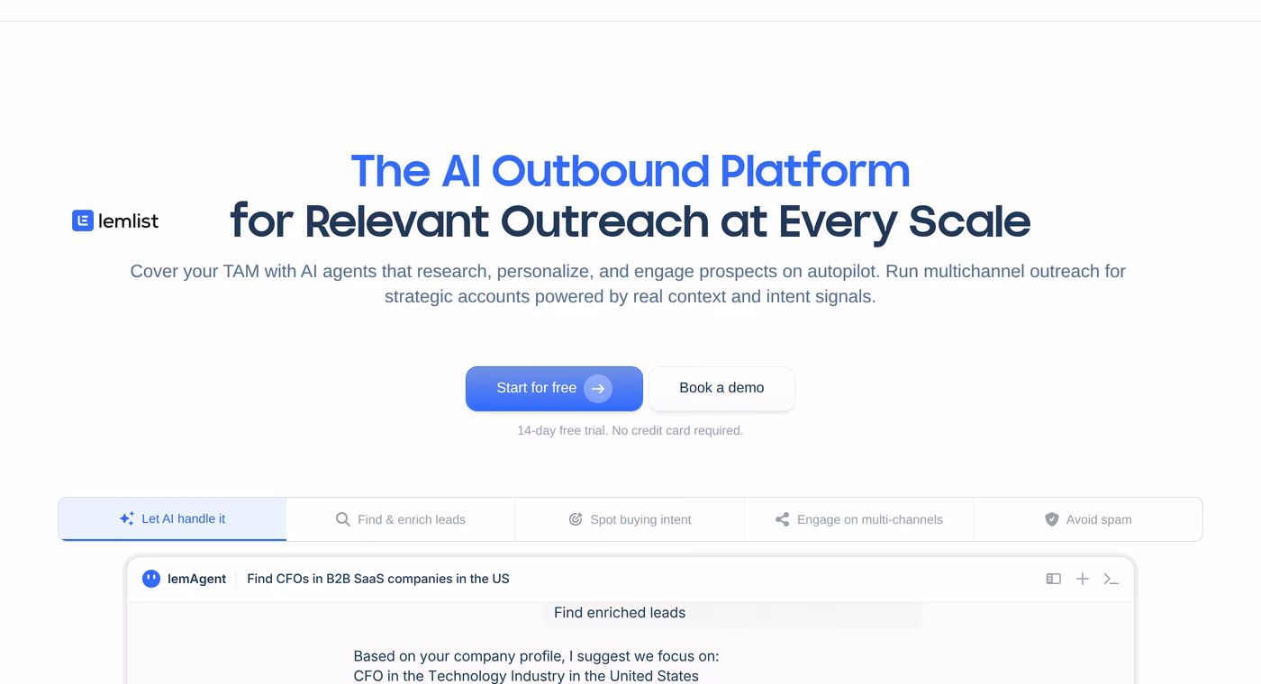 Lemlist homepage showing its AI outbound platform positioning and 14-day free trial