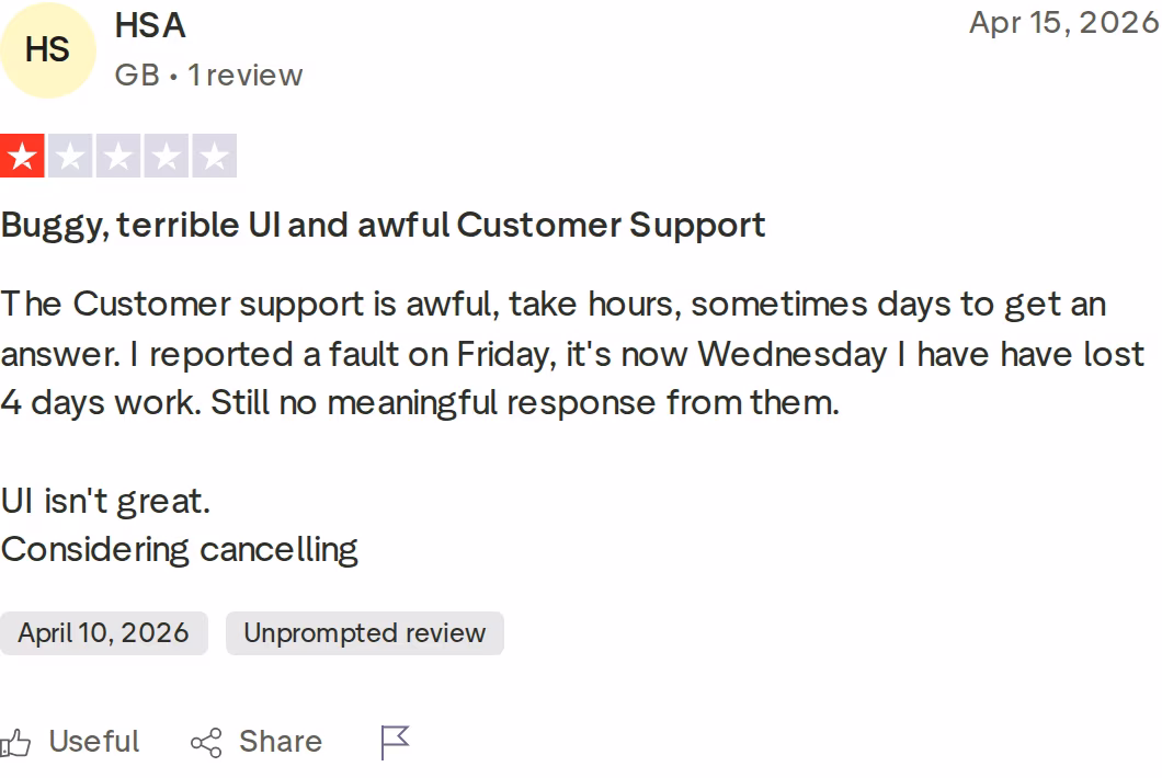 One-star Trustpilot review of Lemlist from April 2026 citing slow customer support and UI problems
