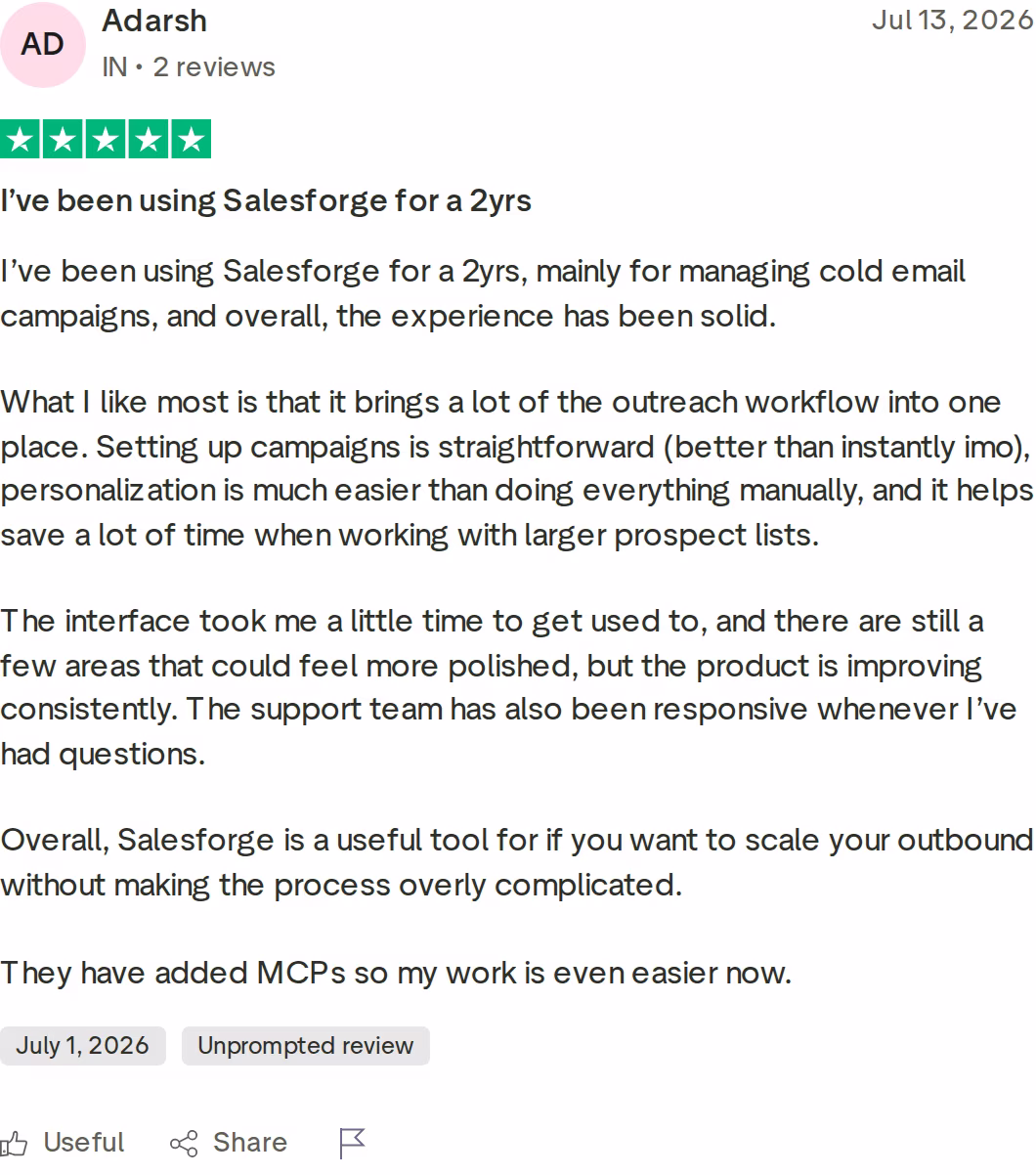 Five-star Trustpilot review of Salesforge from July 2026 by a two-year customer managing cold email campaigns
