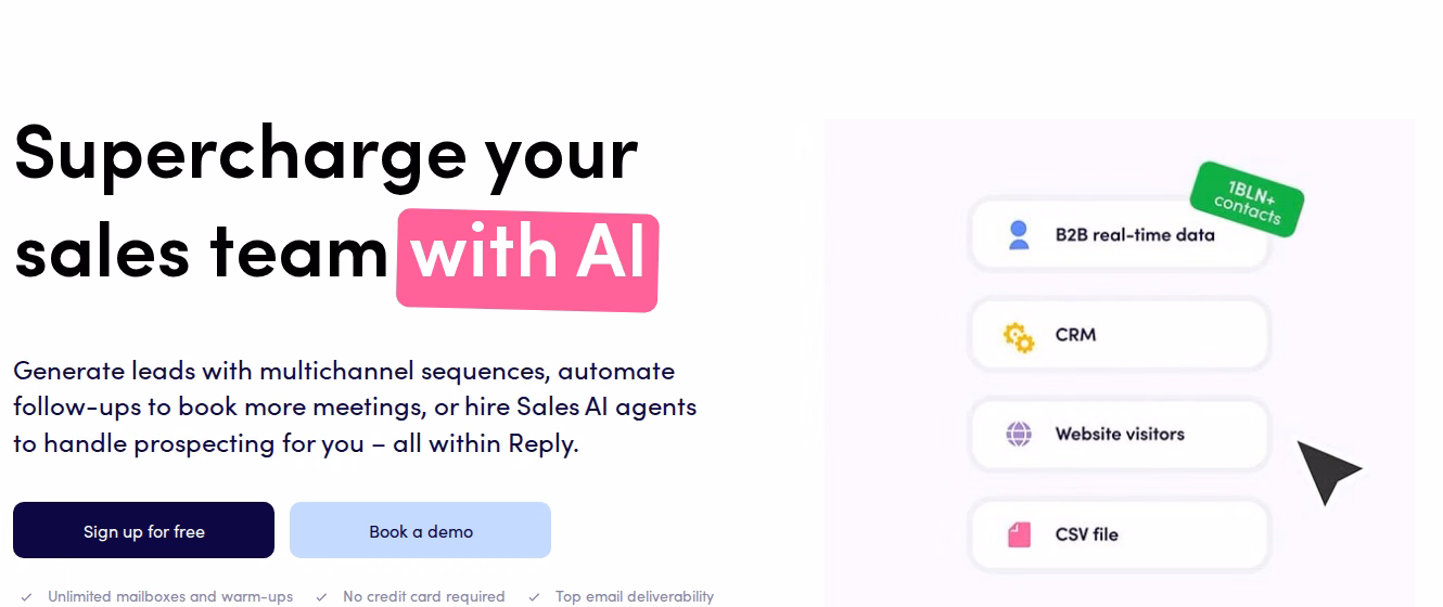 Reply.io homepage hero reading Supercharge your sales team with AI alongside data source options
