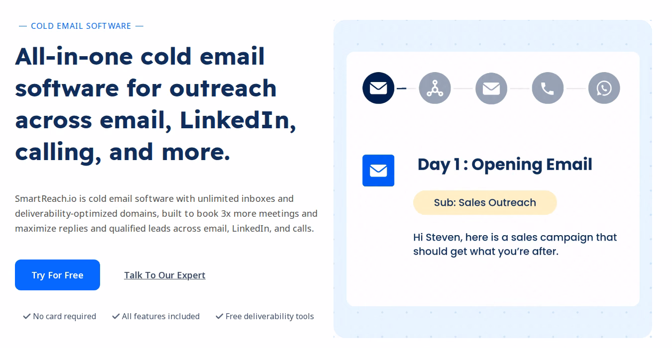 SmartReach.io homepage hero describing all-in-one cold email software for outreach across email, LinkedIn and calling