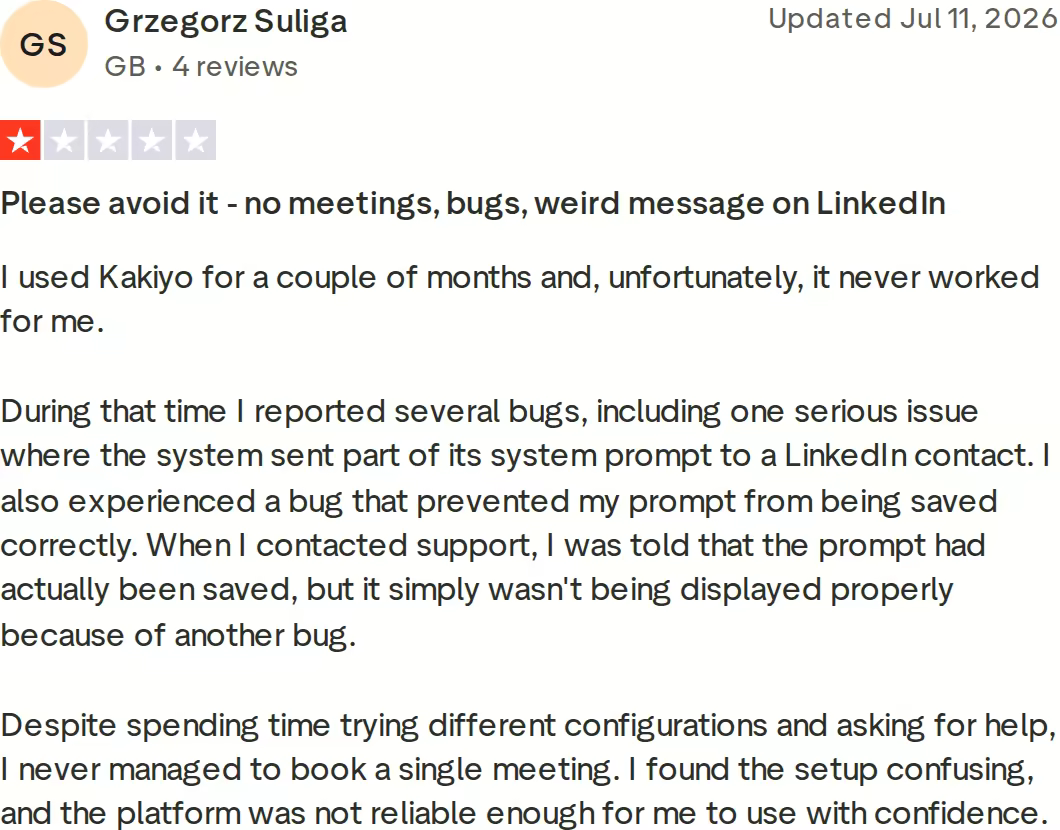 One-star Trustpilot review of Kakiyo by Grzegorz Suliga, updated 11 July 2026, reporting bugs and no meetings booked