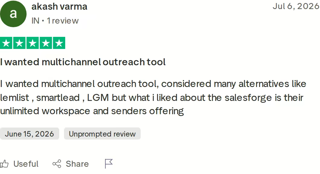 Five-star Trustpilot review of Salesforge by akash varma, 6 July 2026, praising unlimited workspaces and senders