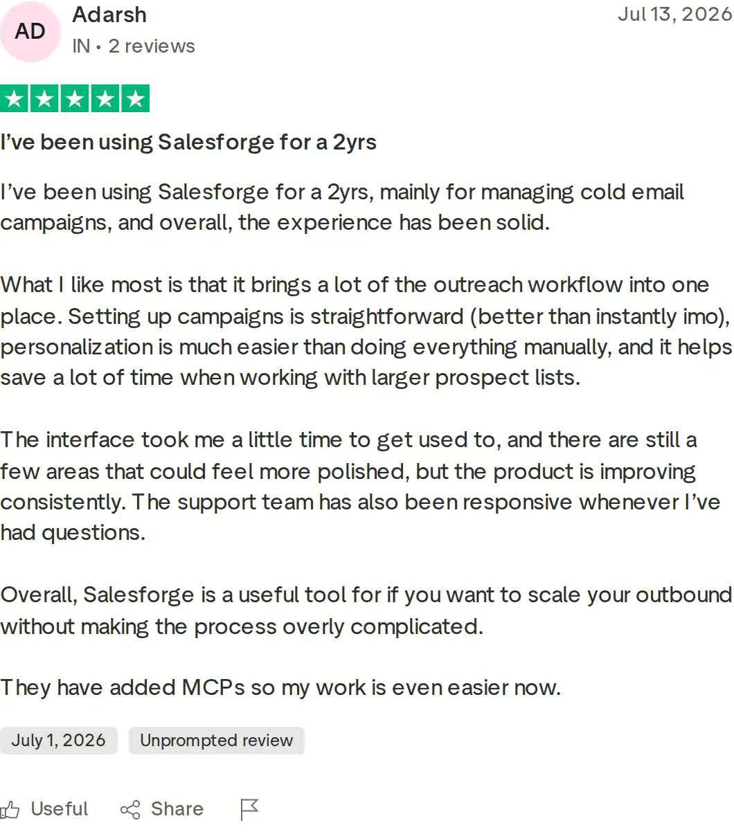 Five-star Trustpilot review of Salesforge by Adarsh, 13 July 2026, describing two years of cold email campaigns