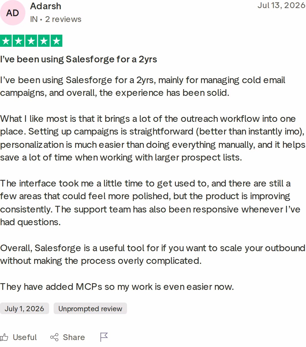 Five-star Trustpilot review of Salesforge by Adarsh, July 2026, after two years of cold email campaigns