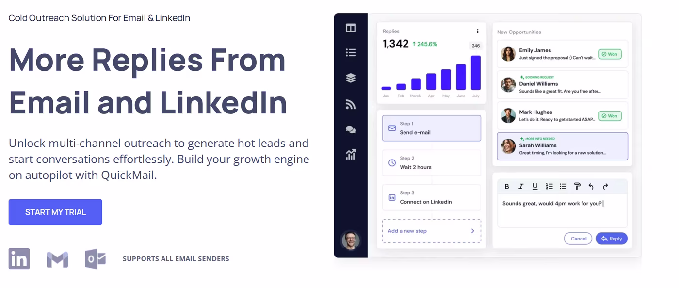 QuickMail homepage showing its cold outreach solution for email and LinkedIn