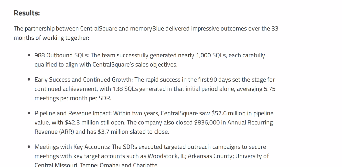 memoryBlue CentralSquare case study results listing 988 SQLs and $57.6 million in pipeline