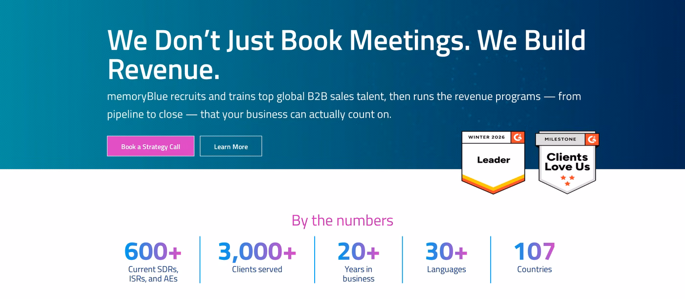 memoryBlue homepage showing headline claims and reported scale figures