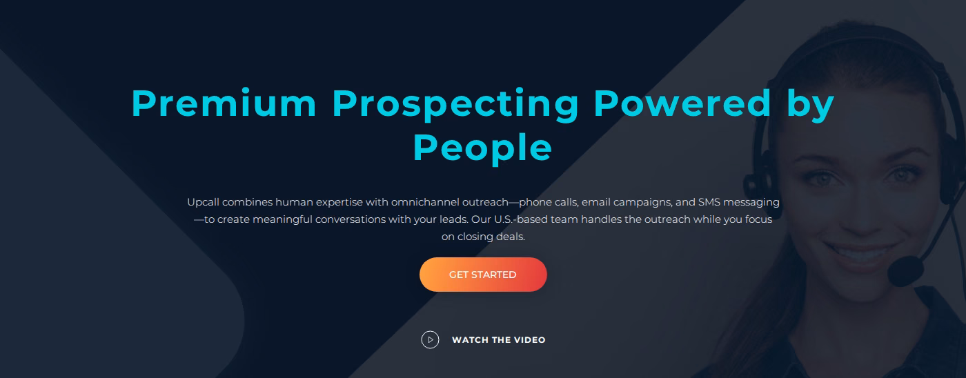 Upcall homepage hero with the tagline Premium Prospecting Powered by People