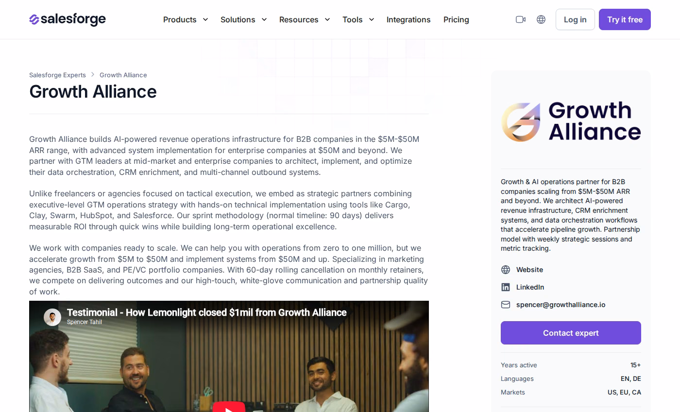Growth Alliance profile on the Forge Expert directory showing its revenue operations positioning