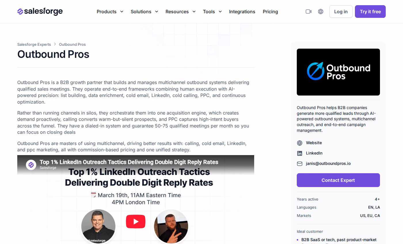 Outbound Pros profile on the Forge Expert directory showing multichannel services, guarantee, and markets